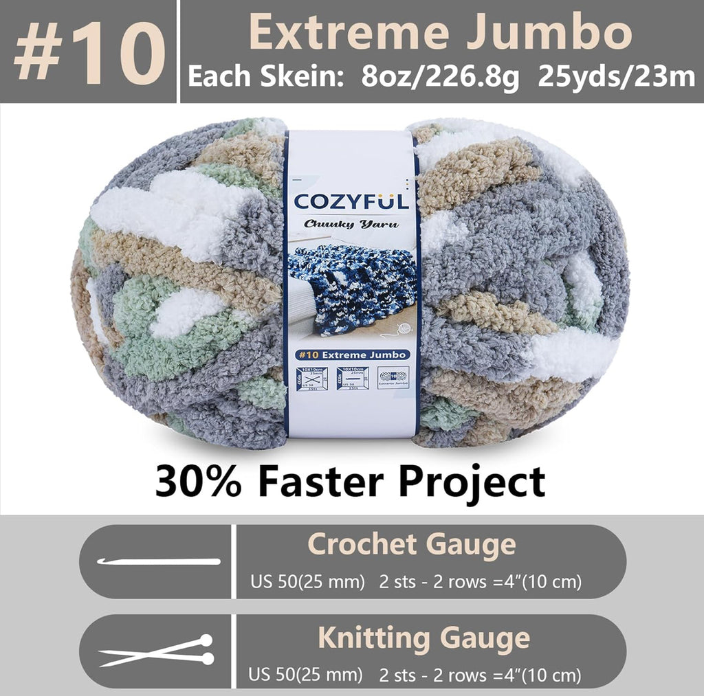 Chunky Chenille Yarn #10 - Cream/Sage/Grey/Khaki Mix
