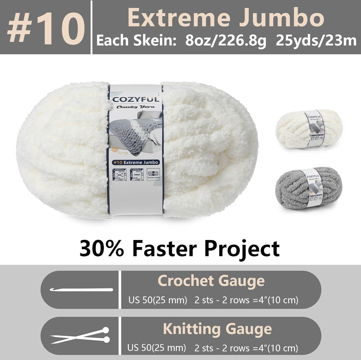 Chunky Chenille Yarn #10 - Cream/Light Grey