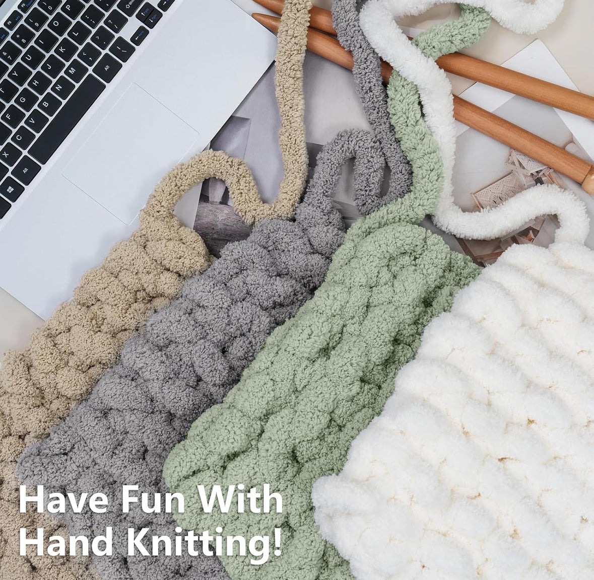 Chunky Chenille Yarn #10 - Cream/Sage/Khaki/Light Grey Mix
