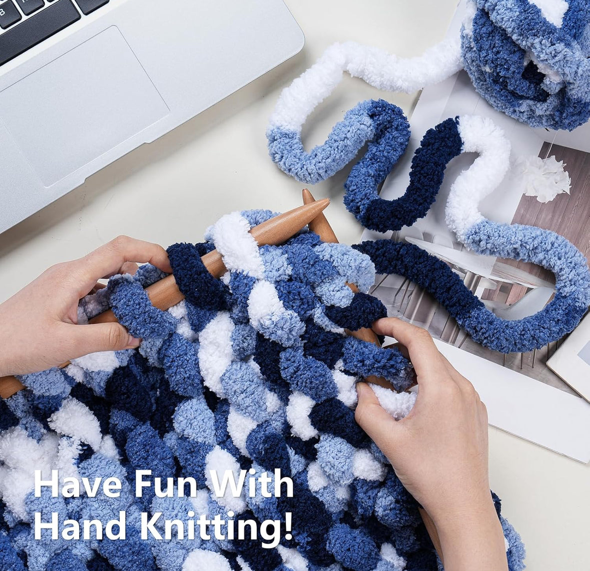 Chunky Chenille Yarn #10 - Multi Blue/White Mix
