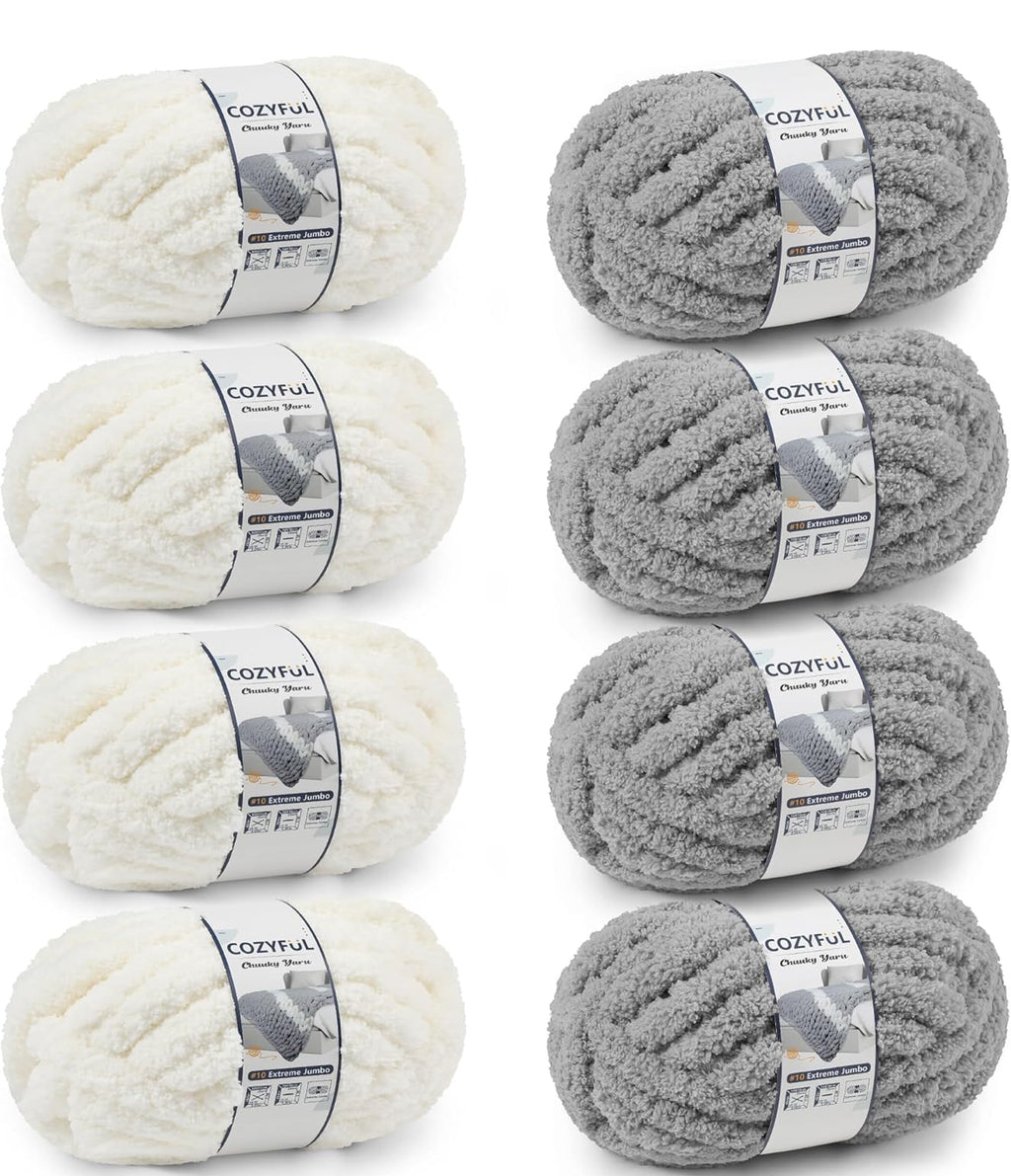 Chunky Chenille Yarn #10 - Cream/Light Grey