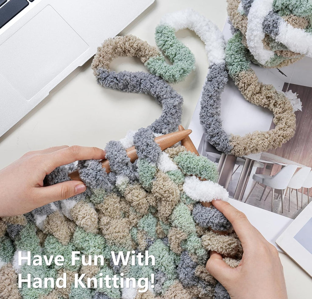 Chunky Chenille Yarn #10 - Cream/Sage/Grey/Khaki Mix