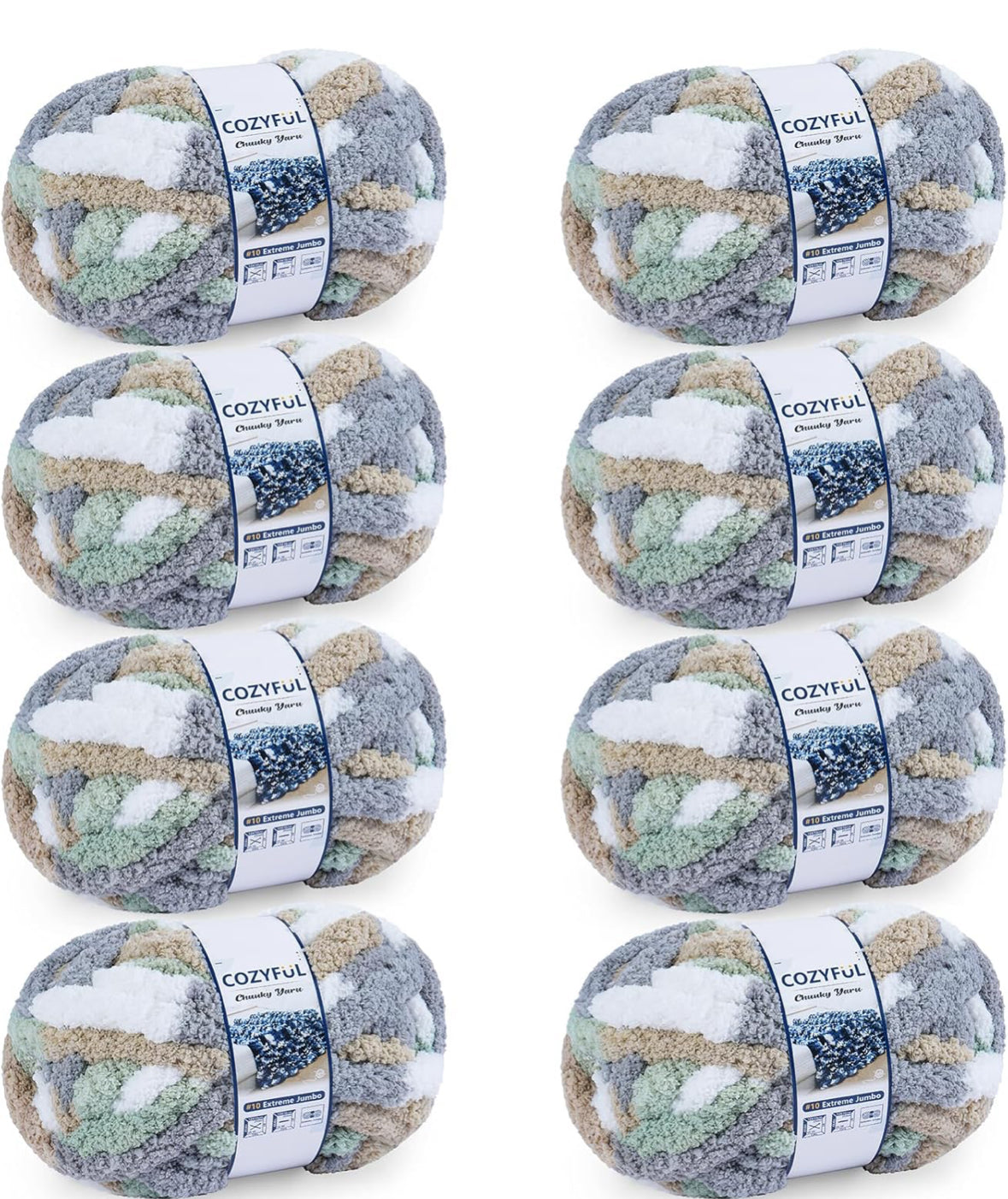 Chunky Chenille Yarn #10 - Cream/Sage/Grey/Khaki Mix