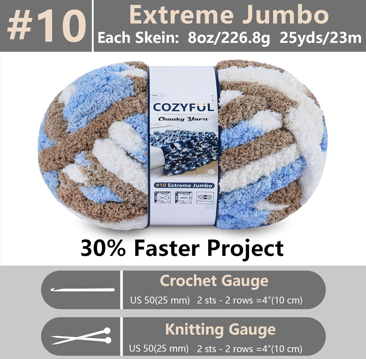 Chunky Chenille Yarn #10 - Khaki/Blue/White