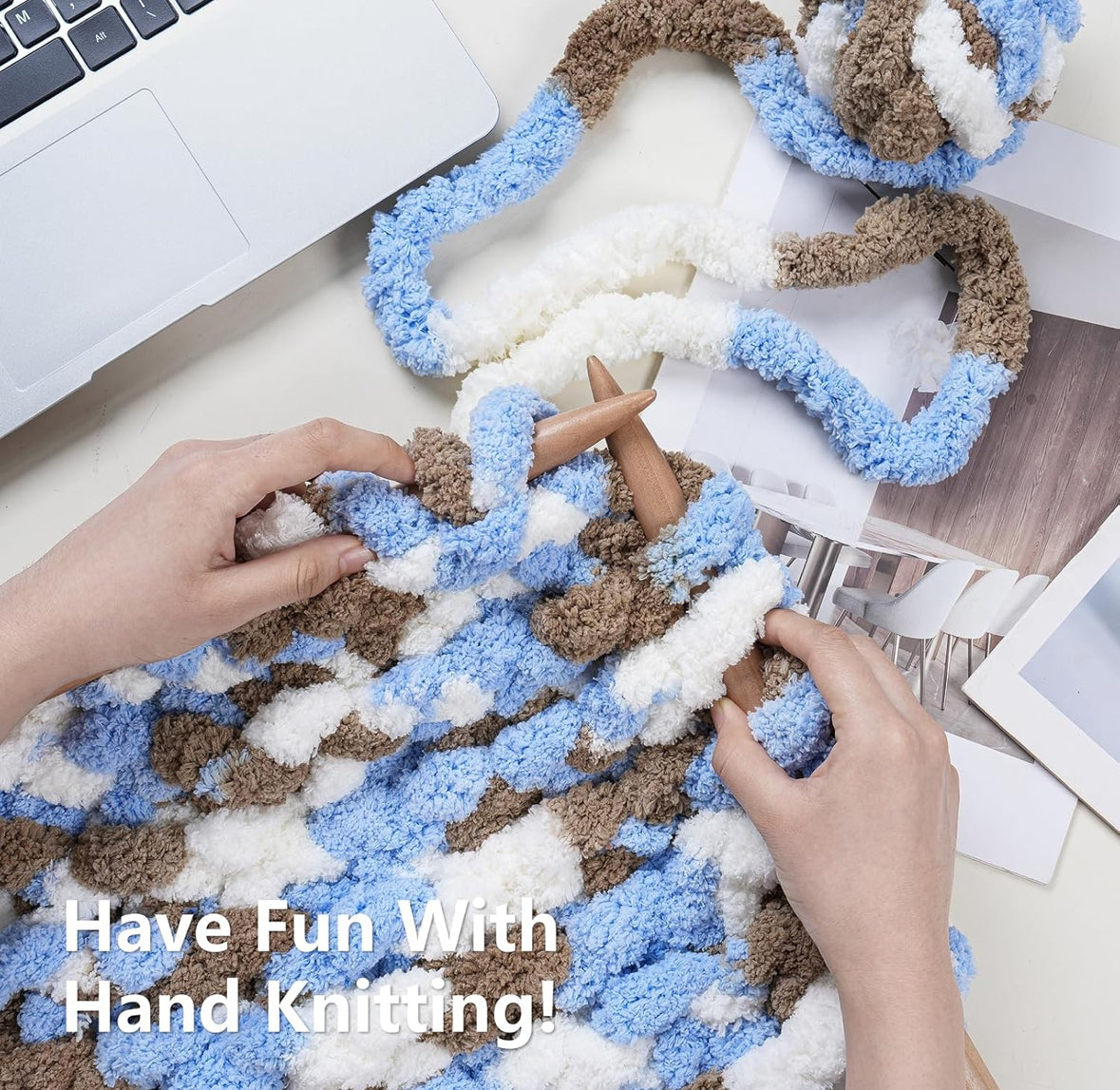 Chunky Chenille Yarn #10 - Khaki/Blue/White