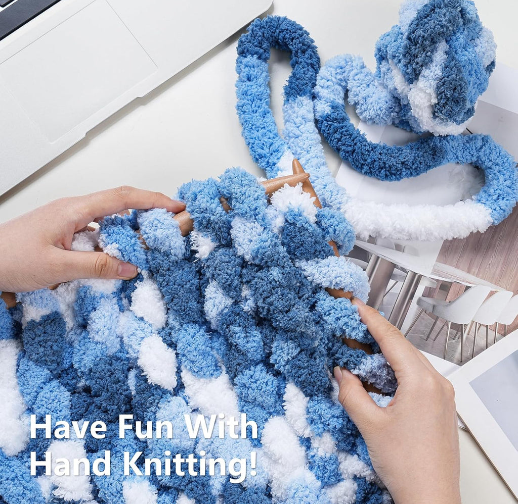 Chunky Chenille Yarn #10 - Blue/White Mix
