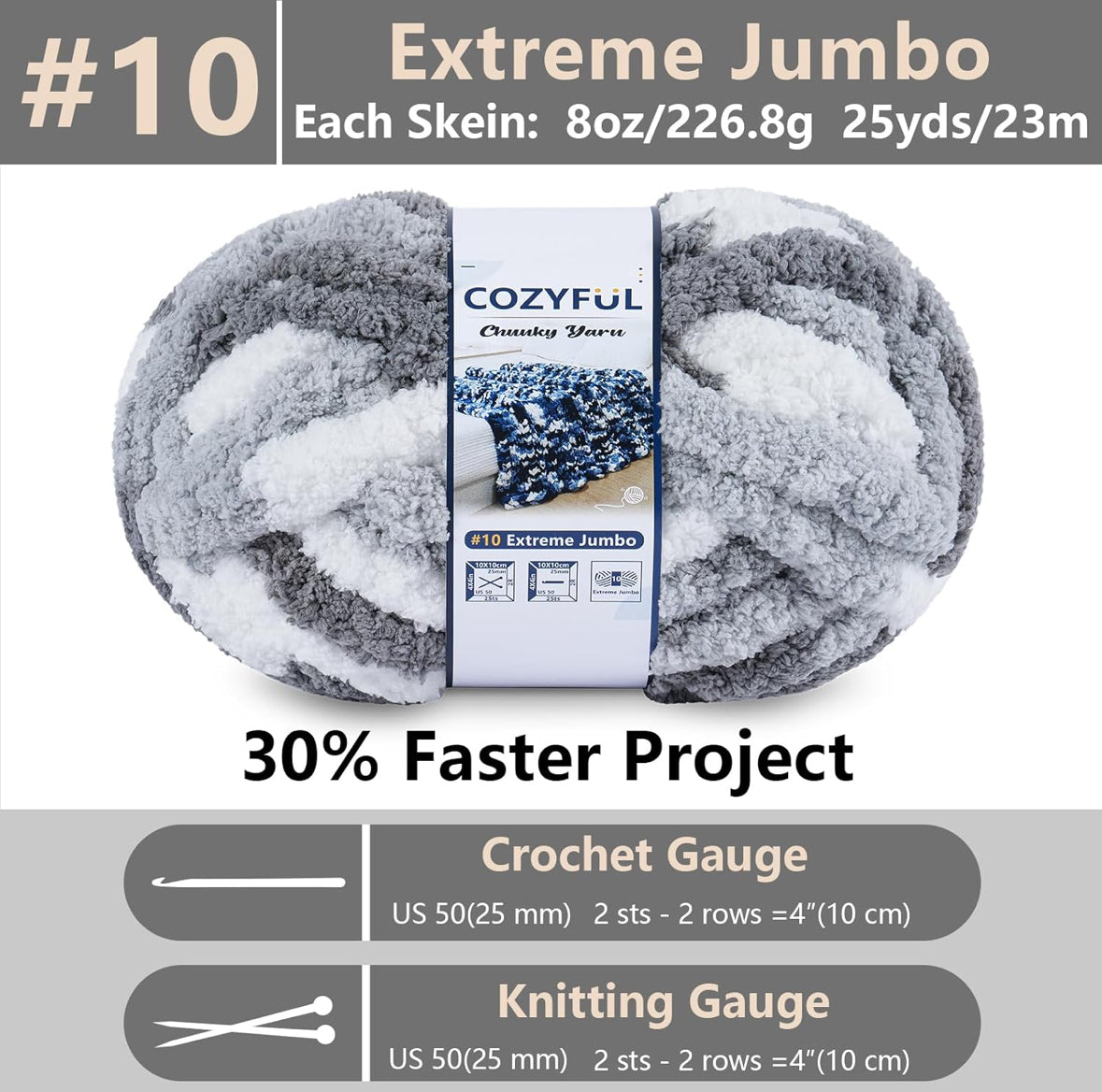 Chunky Chenille Yarn #10 - Grey/White Mix